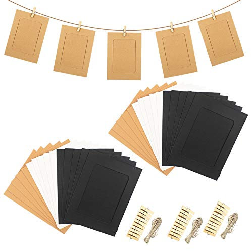 30 Pièces Cadre Photo en Papier avec Clips et Cordes, 4x6in DIY Kraft Cadres Photo en Carton, Suspendus Cadres Photo pour Bureau Domicile Dortoir Chambre Murale Décorations (3 Couleurs)