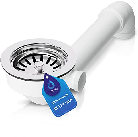 AQUADE Siebkorbventil 114mm mit Raumschaffer und 1 Zoll Überlauf Spüle Anschluss/Spülenablauf Siebkorbventil - Küche Ablaufgarnitur Spülbecken