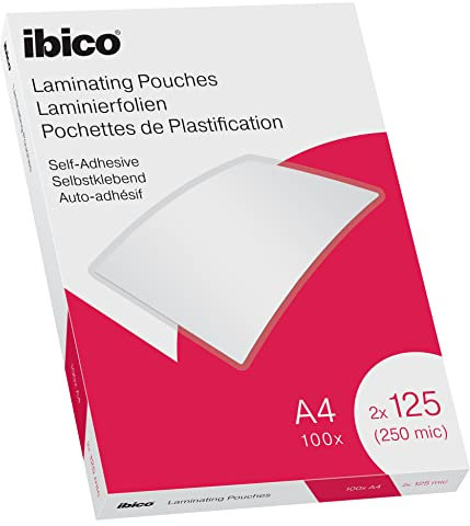 Ibico Selbstklebende Laminierfolien A4 250 Mikron (2 x 125 mic), 100 Stück, Glänzende Heißlaminierfolien, Abgerundete Ecken, Transparent, Kristallklar, Ideal für Hinweisschilder und Dokumente, 627325