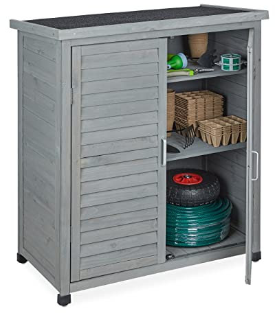 Relaxdays Armoire de Jardin, 3 étagères, Toit Plat incliné, Double Porte, HLP : 97x86,5x47 cm, Remise Outils, Bois, Gris