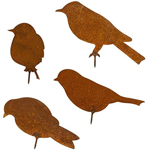Lowats Rostdeko Gartendeko 4 Stück Rost Deko Vögel Metall Edelrost Gartenstecker Gartendeko Rost Metall Vogel Stecker Edelrost Vögel mit Schraube zum Eindrehen in Holz für Gartendekoration Baumstecker