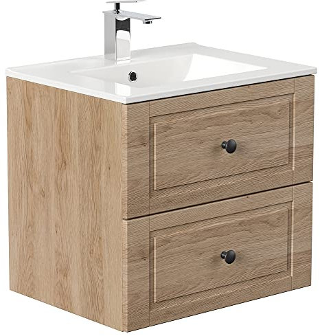 Lomadox Badmöbel Waschtisch Eiche hell Nb. im Landhausstil inkl. Keramik Waschbecken, B/H/T: ca. 61,5/55,6/46,5 cm