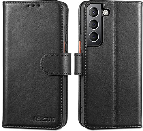 LENSUN Echtleder Hülle für Samsung Galaxy S22, Handyhülle [Echtes Leder] [Magnetverschluss] [RFID Schutz] Handytasche Lederhülle für Samsung Galaxy S22 5G - Schwarz