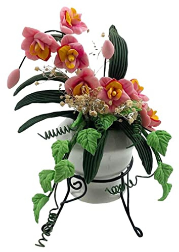 Melody Jane Puppenhaus Rosa Gelb Blumen im Topf Sockel Ständer Miniatur Garten Zubehör