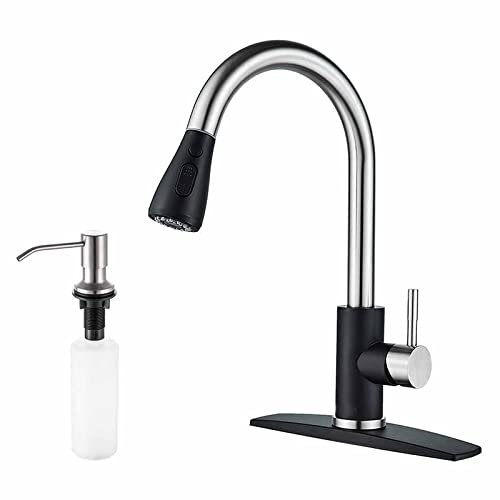 Robinet Cuisine en Acier INOX, Mitigeur avec Douchette Extractible Et 2 Jets pour Evier Cuisine, Robinetterie De Cuisine Rotation À 360° avec Distributeur De Savon pour Évier 3 Ou 4 Trous