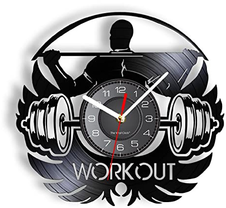 GVOZI Dekorative Uhren 30 cm Workout-Hantel-Vinyl-Schallplatte, Wanduhr, Bodybuilding-Fitnessstudio, Heimdekoration, Wohnzimmer, Fitness-Kunst-Dekor-Uhr