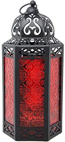 Dekorative marokkanische Laterne aus schwarzem Metall mit Kerzenhalter – Innen-/Außenbereich, Heimdekoration, Terrasse, Hochzeiten, Weihnachten, groß, rot