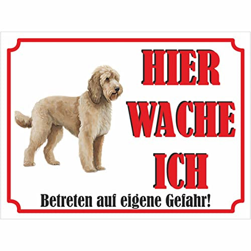 INDIGOS UG - Goldendoodle - Schild bedruckt - Hier wache ich - Aluverbundplatte weiß - ab 20x15 cm - Spruch - Deko Geschenkidee für Ihren Hund - Zaun - Türschild