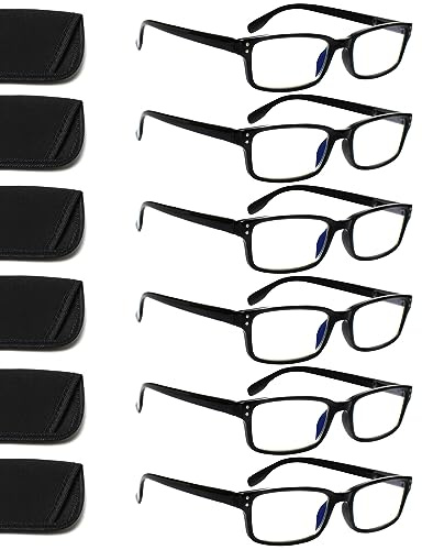 Kerecsen 6-Pack Reading Glasses Blue Light Blocking,Spring Hinge Readers for Men Women,Computer Eyeglasses (6 Black, 1.5, multiplier_x)