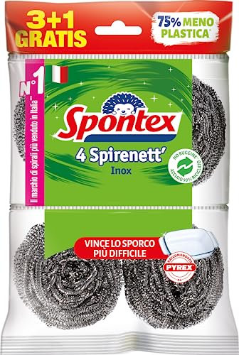 Spontex Spirenett' 3+1, Pagliette in Acciaio per la Rimozione dello Sporco più Ostinato di Pentole, Stoviglie e Griglie. Formato 4 pezzi, Spirenett (confezione da 4)