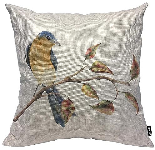 HOSNYE Kissenbezug aus Baumwollleinen, Vogelmotiv, Rotkehlchen, Rotkehlchen, sitzend auf Baumzweig, dekorativ, 45,7 x 45,7 cm
