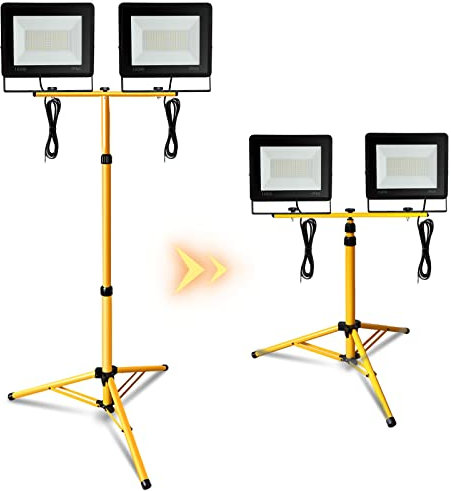 Gimisgu Baustrahler LED mit Stativ, 2x100W 8500LM LED Strahler Baustellenleuchte mit 1m Kabel, IP66 Wasserdicht 3000K Warmweiß Arbeitsscheinwerfer für Werkstatt (kein Stecker)