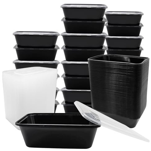 Hioph Plastic Food Storage Containers with Lids, Fridge Organisers Food Storage Box Meal Prep Containers Reusable Microwave Food Storage Containers-Rectangular-Black-750ml- 25Pcs