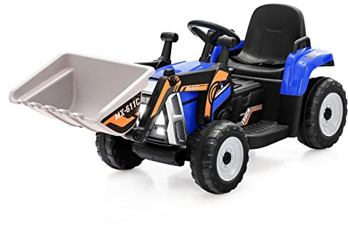 COSTWAY Kids Electric Ride on Excavator, 12V Battery Powered Construction Vehicle with Remote Control, Adjustable Digging Bucket, LED Lights and Horn, for 3+ Years Old Boys Girls (Blue)