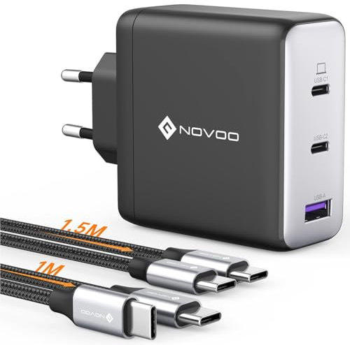 NOVOO 120W USB C Ladegerät GaN Ⅲ 3-Port USB C Netzteil Schnellladegerät mit 1 PD 100W Typ-C-Kabeln Wandladegerät für MacBook Pro 14'',Dell XPS 13,iPad Pro,iPhone 15,Galaxy S23,Note20,Apple Watch