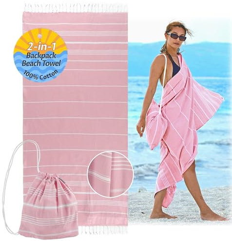 CalmyBEACH 2in1 Hamamtuch Rucksack Strandtuch Badetuch - 100% Baumwolle Hamam Strand Tuch 180x90 Baumwolltuch für Damen und Herren Yogatuch Reisehandtuch (Altrose)
