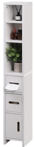 Redd Royal Tall Slim Bathroom Unit Storage Cabinet White with Shelves and Door, Corner Tallboy Cupboard Living Room Bookshelf Bookcase for Narrow Small Space (3 door cabinet White)