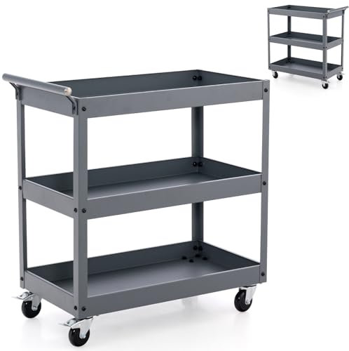 GiantexUK 2/3-Tier Tool Trolley, Metal Frame Utility Service Cart with 4 Wheels & Handle, Heavy Duty Rolling Storage Trolley for Office, Garage, Warehouse and Workshop (3-Tier, Flat Handle, Dark Grey)