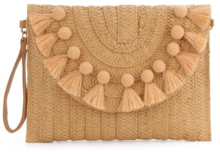 EVEOUT Pochette en Paille Tissée pour Femmes été Clutches Sac à Main en Paille Tressée avec Bandoulière et Pompons pour Parti Mariage Plage Vacances(Kaki Pompons)