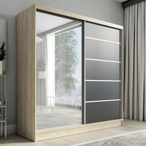A&J MöbelLand Schwebetürenschrank Nero Kleiderschrank 2-türig mit Schubladen und Spiegel, Garderobe 200 cm (Sonoma/schwarz)
