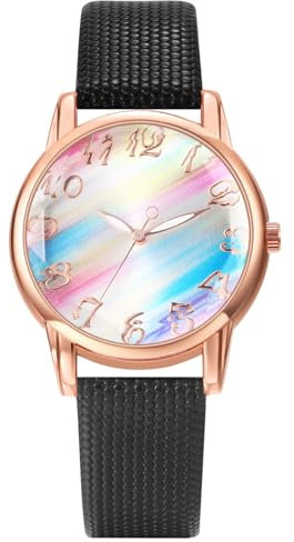 JewelryWe Damenuhr Regenbogen Leder Uhr: Schwarz Damen Preppy Boho Analog Quarz Armbanduhr Frauen Lässige Uhr mit PU Lackleder Armband und farbigem Regenbogen Zifferblatt