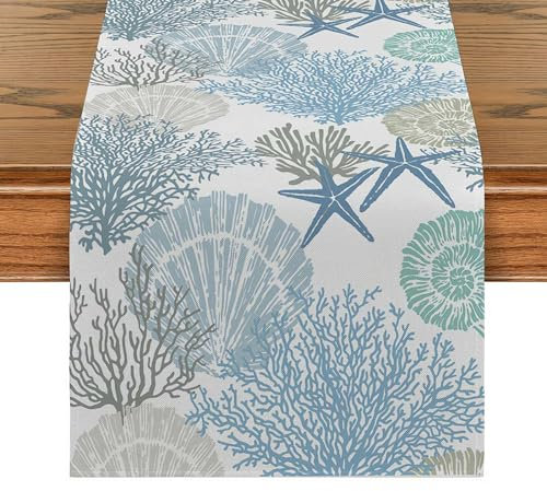 Runner da tavola con motivo nautico costiero, runner da tavola rettangolare in cotone e lino, per casa, vacanze, feste, interni ed esterni