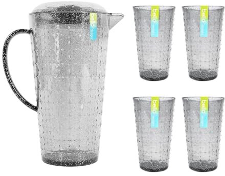 YöL 2L Pitcher Jug Lid With 4x Tall Tumbler Glasses Reusable Plastic Grey Embossed Summer Party BBQ Picnic