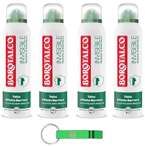 4x Borotalco Invisible Deodorante Spray,Duft von Borotalco,Fängt Schweißflecken, Gerüche und Flecken ein,150ml + Beni Culinari Kostenloser Schlüsselanhänger