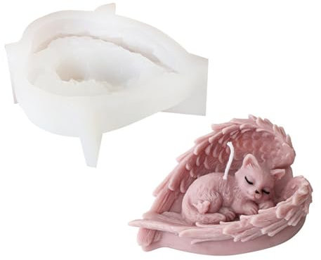 Xidmold Schlafender Katze Silikonform Gießform, Katze in Engelsflügel Silikonform für Fondant, Sojawachs Kerzen, Seife, Gips, Epoxidharz, Beton, Handwerk (Katze)