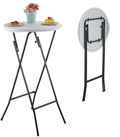 Relaxdays Stehtisch, klappbar, H x D: 105 x 60 cm, Kunststoff & Stahl, Outdoor Tisch, runder Bistrotisch, weiß/schwarz