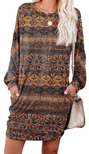 PrinStory Women Jumper Dress Long Sleeve Winter Dresses Casual Loose Mini Dresses Knitted Pullover Sweater Tunic Tops Basic Dress With Side Pockets UK Size 18-20 (Round Flower Brown, XL)