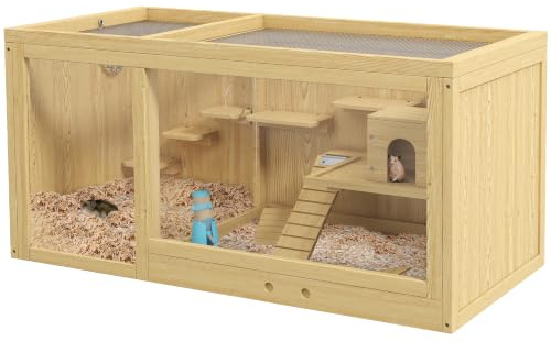 PawHut Wooden Hamster Cage Water Bottle Openable Roof Natural Wood Finish | Small Animal Exercise Play House, Platforms, Sliding Tray, Hut, Seesaws