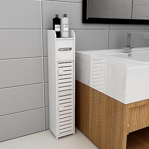 Badezimmerschrank, freistehend, kleiner Schrank für Toilette, Aufbewahrungsmöbel, verstellbares Regal, Halterung für Toilettenpapiere (17 x 15 x 78 cm – 2 Türen)