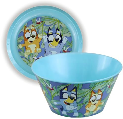 Bluey 2Pcs Self Feeding Dinnerware Set, BPA Free Stackable Bowl Reusable Plastic Plate Raised Sides, Easy to Wash Printed Kids Dinner Set 4+ Years