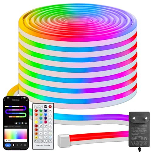 Smart Alexa Neon LED Strip 10M, RGB mit IC LED Streifen mit Fernbedienung APP Steuerung Timer LED Leiste Musik Sync DIY Flexibel Band für Wohnzimmer Außen Dekor (Alexa & Google Assistant)