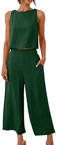 KDEIHT Musselin Hosenanzug Damen Sommer Zweiteiler Tank Top und Hose 2 Teiler Elegant Hosenanzüge Baumwolle Leinen Jogginganzug Elegant Outfit Business Casual Anzug Leicht Luftig Freizeitanzug