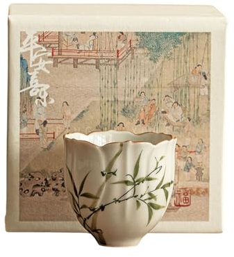 Taza de té de cerámica con forma de flor esmeralda pintada a mano de 60 ml, taza de degustación de té kung fu en forma de flor [caja]