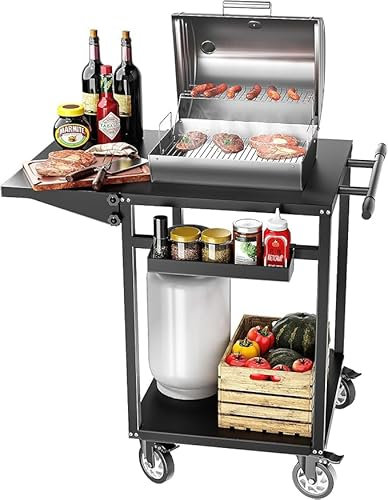 Carrello Barbecue, Carrello di Servizio con Pannello Laterale Pieghevole, 87 x 62 x 89 cm Tavolo da Barbecue con Ripiani Regolabili, Ruote, Maniglia per Casa Cortile Patio e Giardino