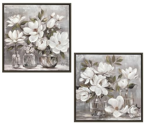 DRW Holzbild mit Blumen und handbemaltem Rahmen in Weiß, Grün und Grau, 40 x 3,5 x 40 cm