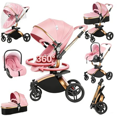 Sianldcone PU-Leder Kinderwagen 3 in 1, 360° Drehbarem Sitz Kinderwagen Set, Offene Sicht Kombikinderwagen 3 in 1 Komplettset, Zwei-Wege-Schiebefunktion Reisesysteme (906 Pink)