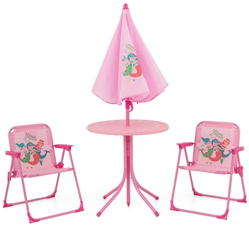 DREAMADE Table Enfant avec 2 Chaises,Table de Pique-Nique Pliable avec Parasol Détachable et Ajustable,Pieds Antidérapants,Ensemble Salon de Jardin Enfant 4 pcs Charge 75 kg (Rose+Sirène)
