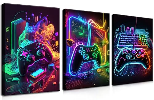 MUWAK Gamer-Zimmer-Dekor-Bild auf Leinwand, Wandkunst für Jugendzimmer, Jungen, cooles buntes Zubehör, Gaming-Thema, Wanddekoration, 3er-Set, Spielgemälde, Druck für Jugendliche, Jungen, Schlafzimmer
