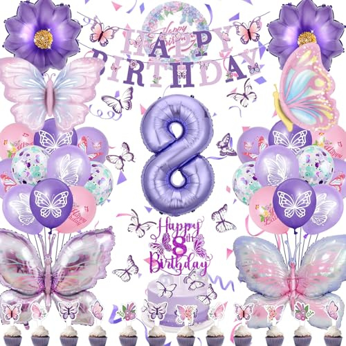 Decoración Cumpleaños Mariposa 8 Año, Globo Número 32 Pulgadas | Globo número 8 32 pulgadas, mariposas XXL moradas, flores, globo redondo, látex, pancarta y decoración tarta