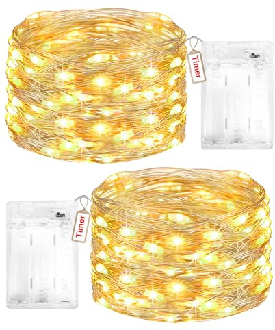 Peasur 2 Stück Lichterkette Batterie, 3M 30 LED Lichterkettenbatterie 2 Programm mit Timer, Warmweiß Klein Draht Lichterketten Batterien Innen für Weihnachten Party Hochzeit Geschenke Deko