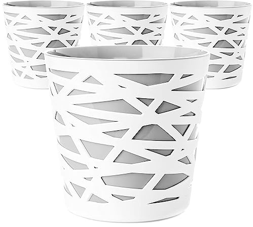 4er Set Dekorative Blumentöpfe aus Kunststoff mit Ausschnitt-Design – Weiße Außenschale mit grauem Innentopf – Moderne Zimmerpflanzen Übertöpfe