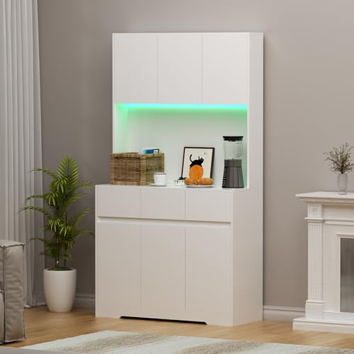 jackfru Küchenschrank mit LED-Beleuchtung 170 * 100 * 38.5cm, Mehrzweckschrank mit Steckdose und 3 Schubladen, Offenem Fach, Vorratsschrank Küche Badschrank Hochschrank