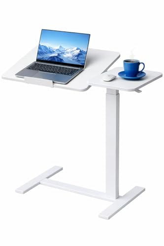 Zanbeel Rolling Laptop Desk – Height Adjustable Overbed Table with Pneumatic Lift, Split Top Tilting Tray and Wheels, Portable Bedside Cart for Studying, Writing, Reading (White)