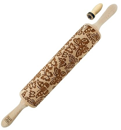 MoodForWood Teigroller aus Holz, Gravierte Holzrolle 43 cm, mit Griffen & Stempel, Roller mit Muster für Teig, Kuchen & Backwaren, Nudelholz für Müheloses Ausrollen, Ø 6 cm, Schmetterlinge