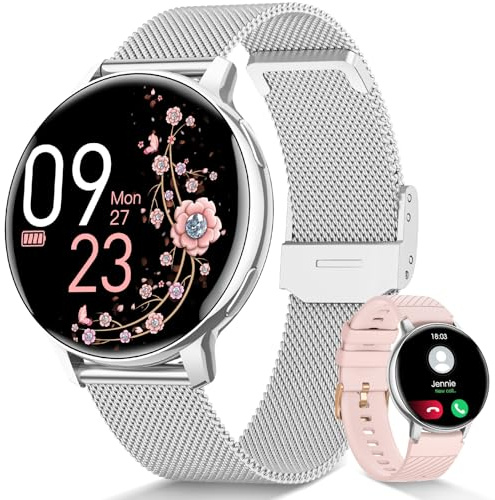 AIMIUVEI Smartwatch Damen Rund, Fitnessuhr mit Telefonfunktion 24H Pulsuhr, SpO2, Menstruationszyklus, 120+ Sportmodi, Schlaf, IP68 Wasserdicht Schrittzähler, iOS/Android, Geschenk Silber