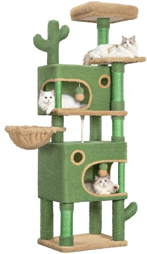 Hzuaneri 165 cm Albero per Gatti Cactus, Cuccia per Gatti A Più Livelli con 6 Tiragraffi, 2 Piattaforme, 2 Grotte, Cestino, Corda in Sisal, Kit Antiribaltamento, Verde Marrone MS16518AG